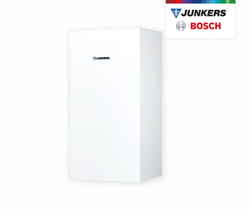 Weißer, wandhängender Warmwasserspeicher mit schlichtem Design. Auf der Vorderseite ist das Logo von Junkers und Bosch sichtbar.